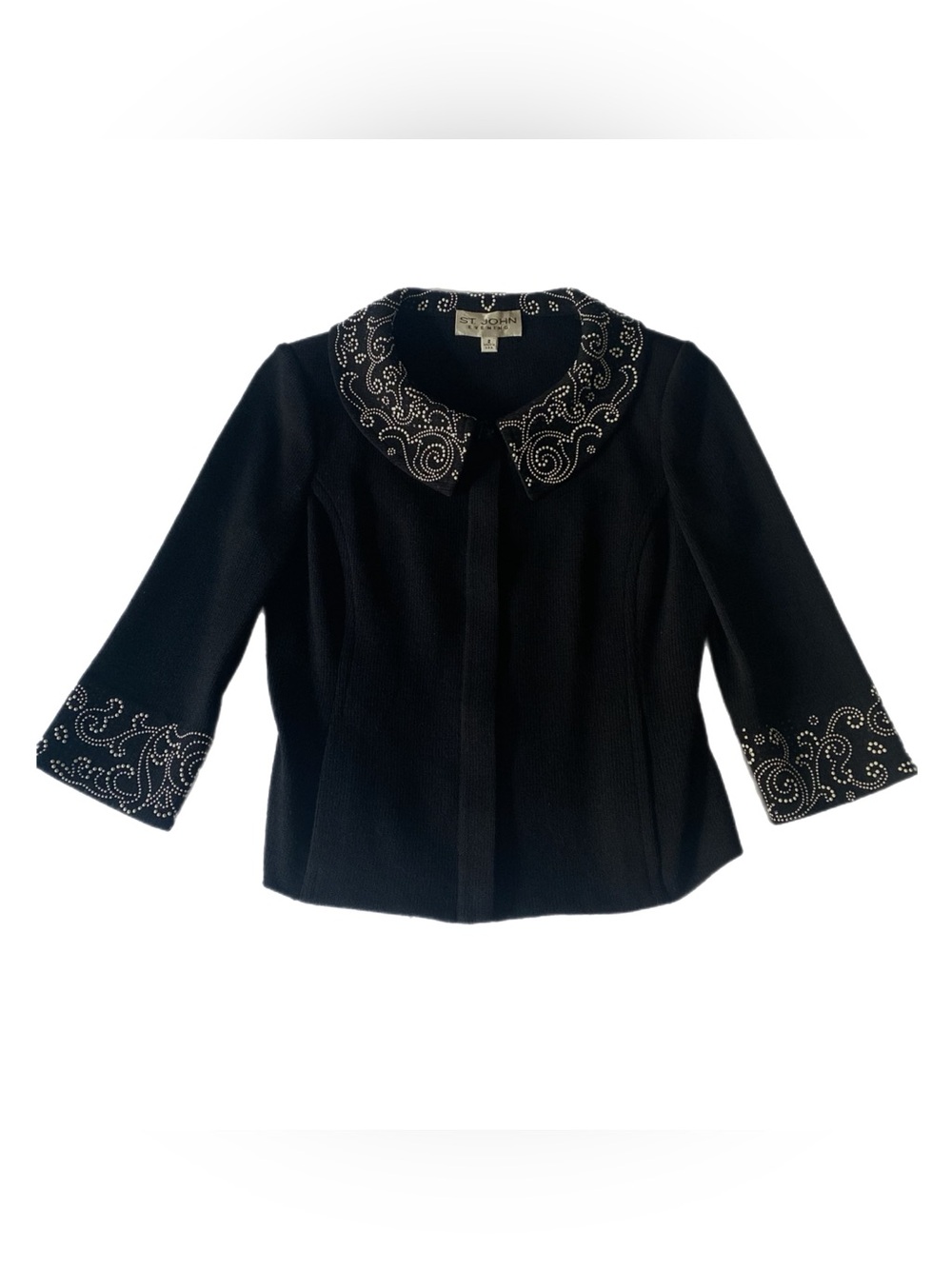 St. John Evening Black Santana Knit Jacket Sz 2 – Embellished Collar & Cuff Trim